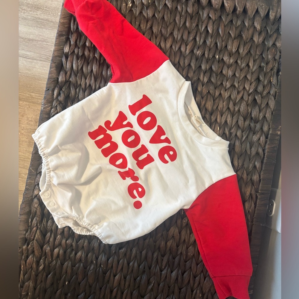Baby red and white “love you more” bubble/long sleeve romper